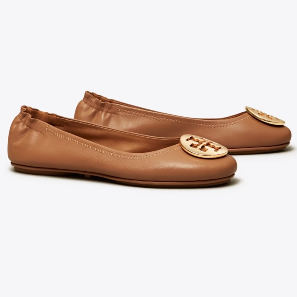 Tory Burch Minnie Travel Ballet Flats Royal Tan Gold Nappa Leather Shoes - 8.5